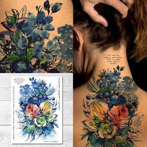 Supperb Large Temporary Tattoos - Watercolor Blue Flower Bouquet of Summer Dream